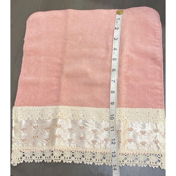 2 Pink Vtg AVANTI Wash Cloth Hand Towels Ivory LACE Floral USA Granny Cottage - Picture 9 of 10
